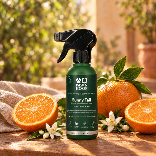 Sunny Tail sweet orange dog coat mist on a sunlit wooden table with halved sweet oranges and orange blossom