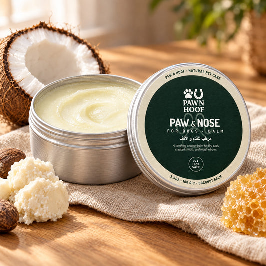 The 100 g Paw and Nose balm tin open, showing the pale cream coconut balm, with fresh coconut, shea butter and beeswax on a wooden table