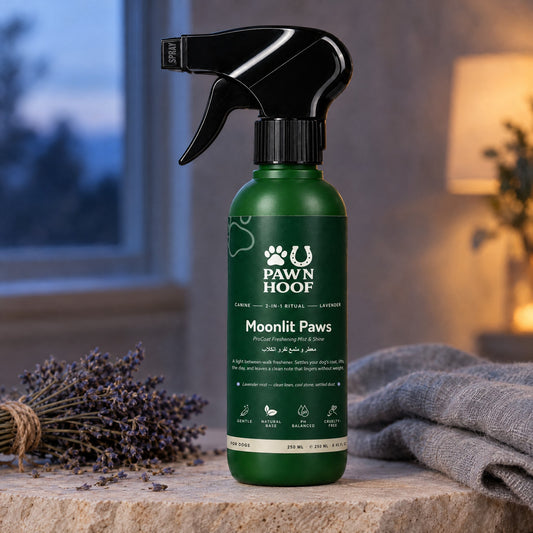 Moonlit Paws 250 ml lavender coat mist on a stone slab beside a bundle of dried lavender and a grey linen cloth in evening light
