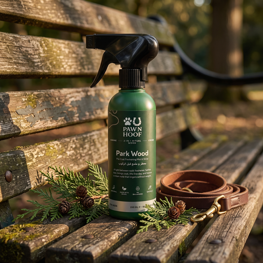 The Park Wood 250 ml cedarwood coat mist standing on a weathered wooden park bench beside cedar sprigs and a rolled leather lead in golden afternoon light