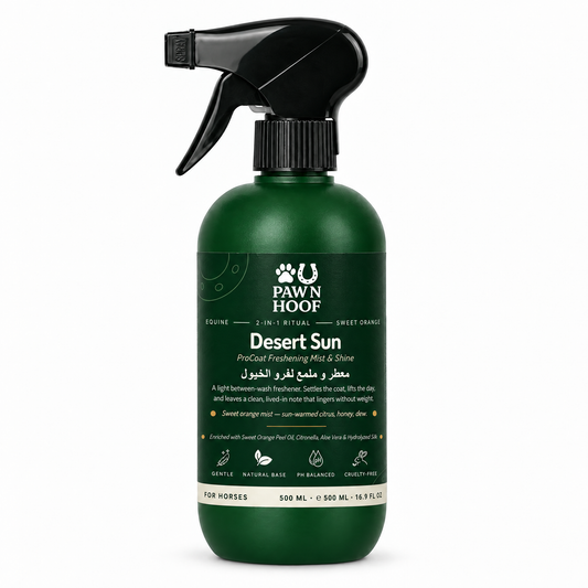 Paw N Hoof Desert Sun coat freshening mist for horses, 500 ml sweet orange spray bottle, front view on a white background