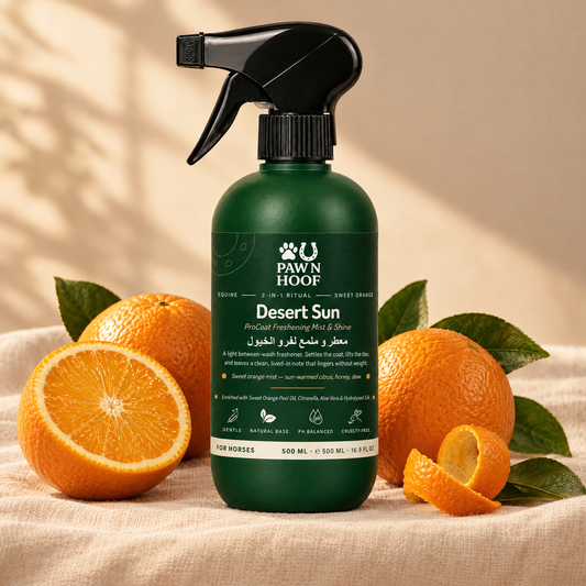 Desert Sun 500 ml horse coat mist beside fresh sweet oranges and orange peel on ivory linen