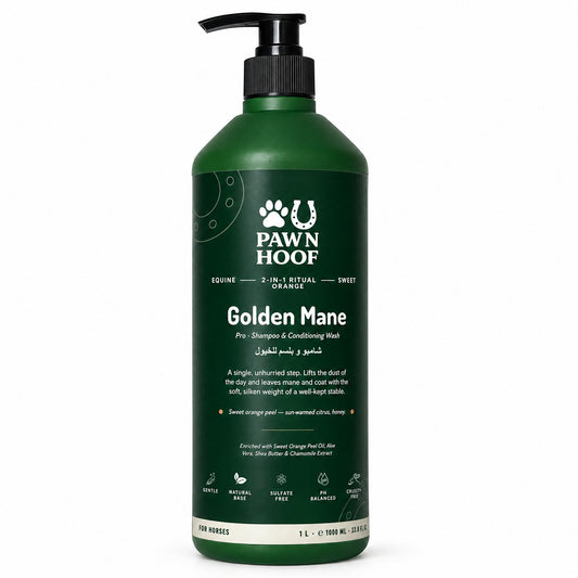 Paw N Hoof Golden Mane 2-in-1 shampoo and conditioning wash for horses, 1 litre sweet orange pump bottle, front view