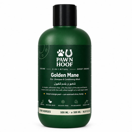 Paw N Hoof Golden Mane 2-in-1 shampoo and conditioning wash for horses, 500 ml sweet orange bottle, front view
