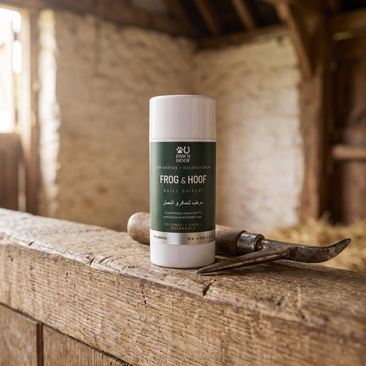 Paw N Hoof Hoof Guard horse hoof and frog balm, a 75 g twist-up tube standing on a weathered oak ledge in a stable, with a hoof pick lying beside it.