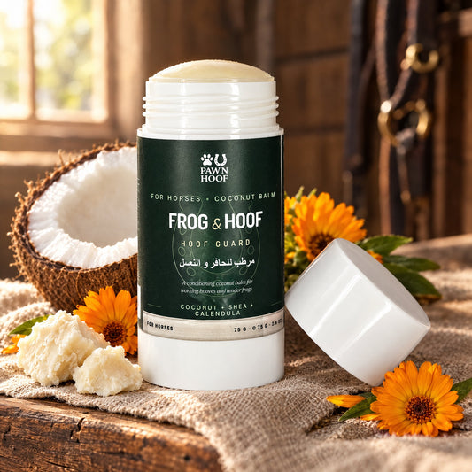 The Hoof Guard twist-up stick uncapped, showing the pale cream coconut balm, with fresh coconut, shea butter and calendula flowers on a stable bench