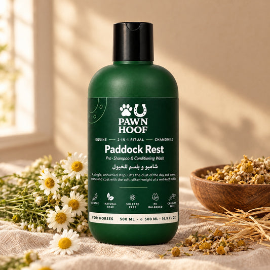Paddock Rest 500 ml horse shampoo with fresh and dried chamomile flowers on linen