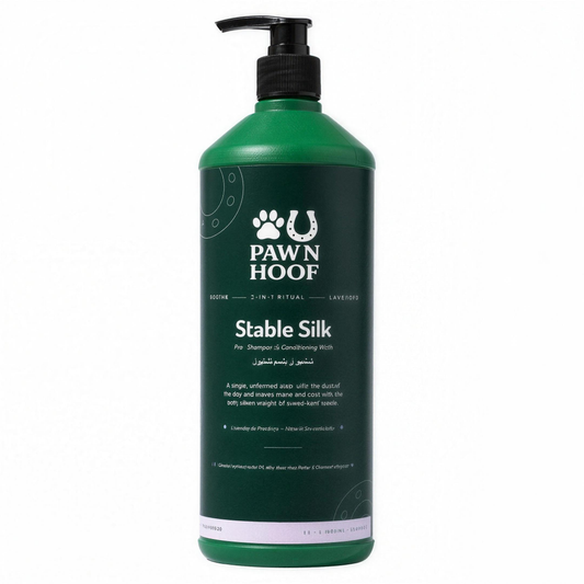 Paw N Hoof Stable Silk 1 litre dark green pump bottle on a plain white background, label reading Equine 2-in-1 Ritual Lavender, Pro Shampoo and Conditioning Wash for horses