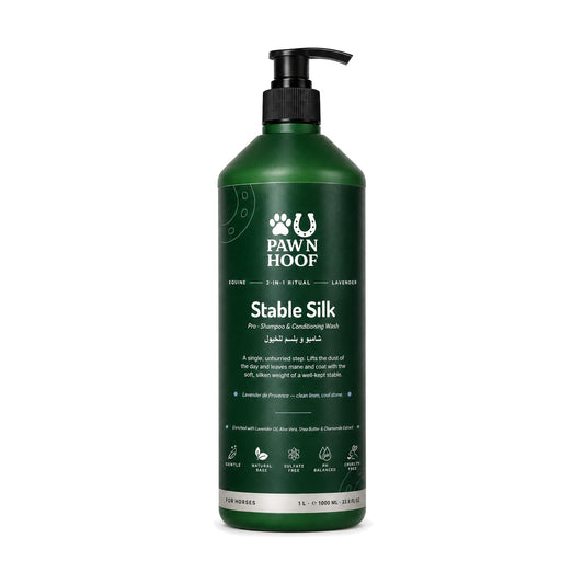Stable Silk 2-in-1 shampoo and conditioner for horses, 1 litre lavender pump bottle, front view on a white background