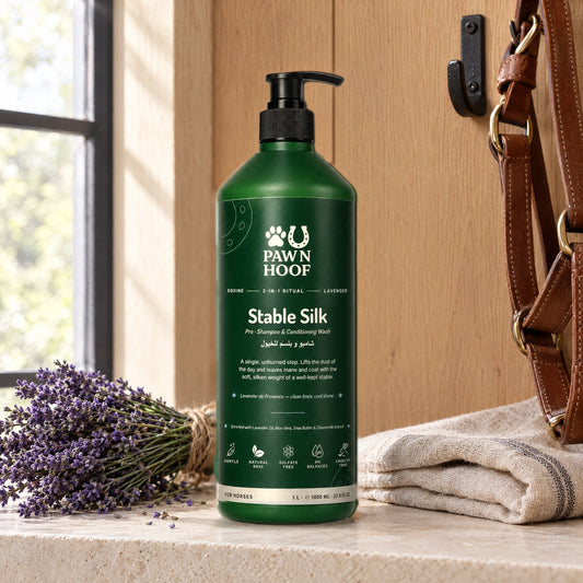 Stable Silk 1 litre on a limestone shelf in a tack room beside a bunch of lavender, a folded linen cloth and a leather halter on an oak wall