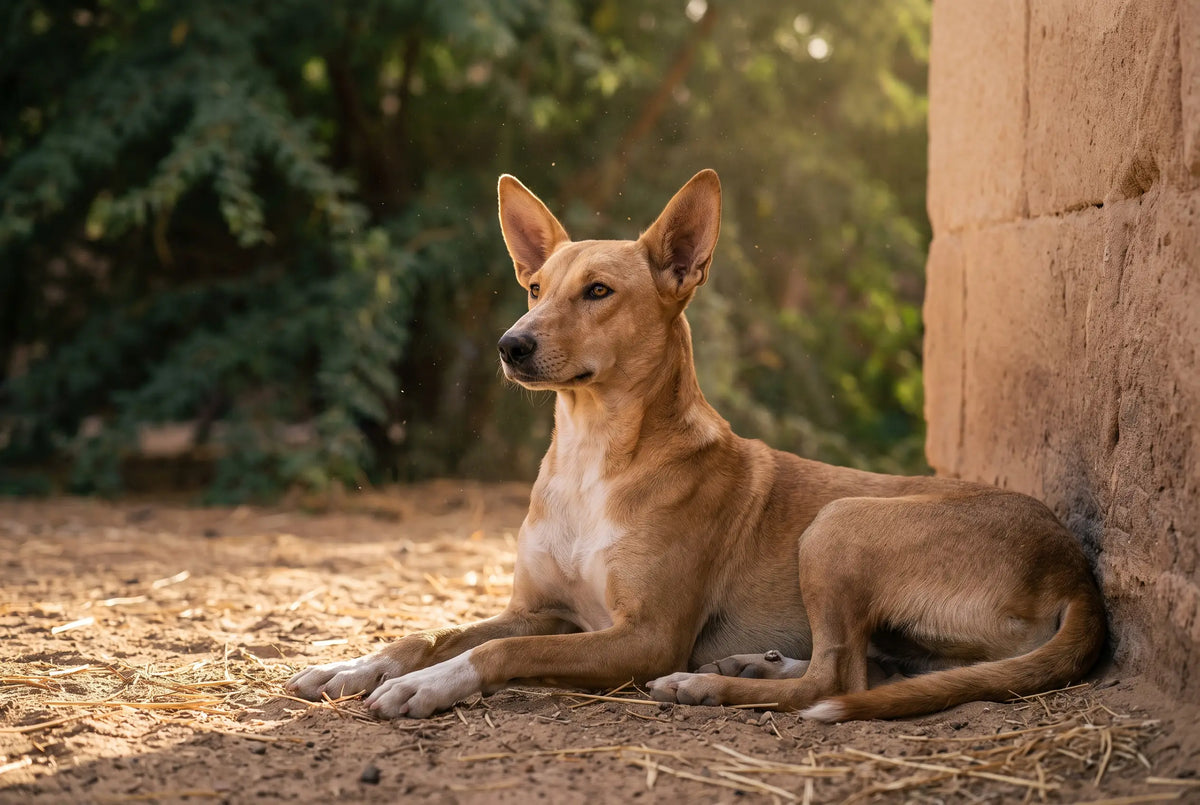 A Baladi dog, Egypt's native landrace, resting in the shade of a sandstone wall at golden hour