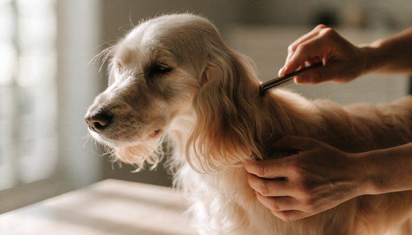 A long-haired dog being gently brushed on a grooming table in warm natural light
