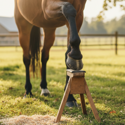 Horse hoof being carefully treated with natural hoof oil