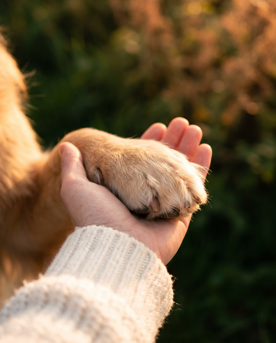 A dog's paw resting gently in an open human hand, warm golden light