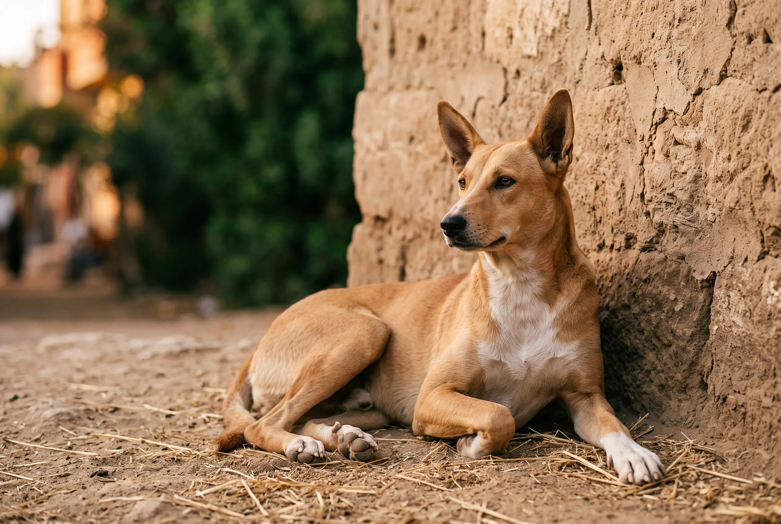 Een Baladi-hond, het inheemse landras van Egypte, in de schaduw van een stalerf