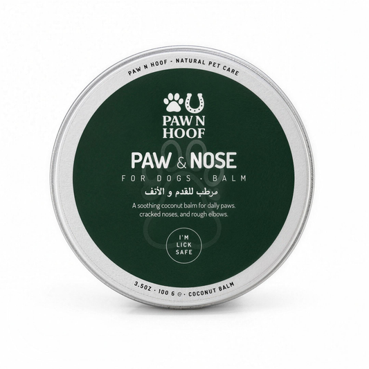 Paw N Hoof Daily Shield Paw and Nose Balm for dogs, 100 g silver aluminium tin with a dark green lid label, closed, viewed from above on a plain white background