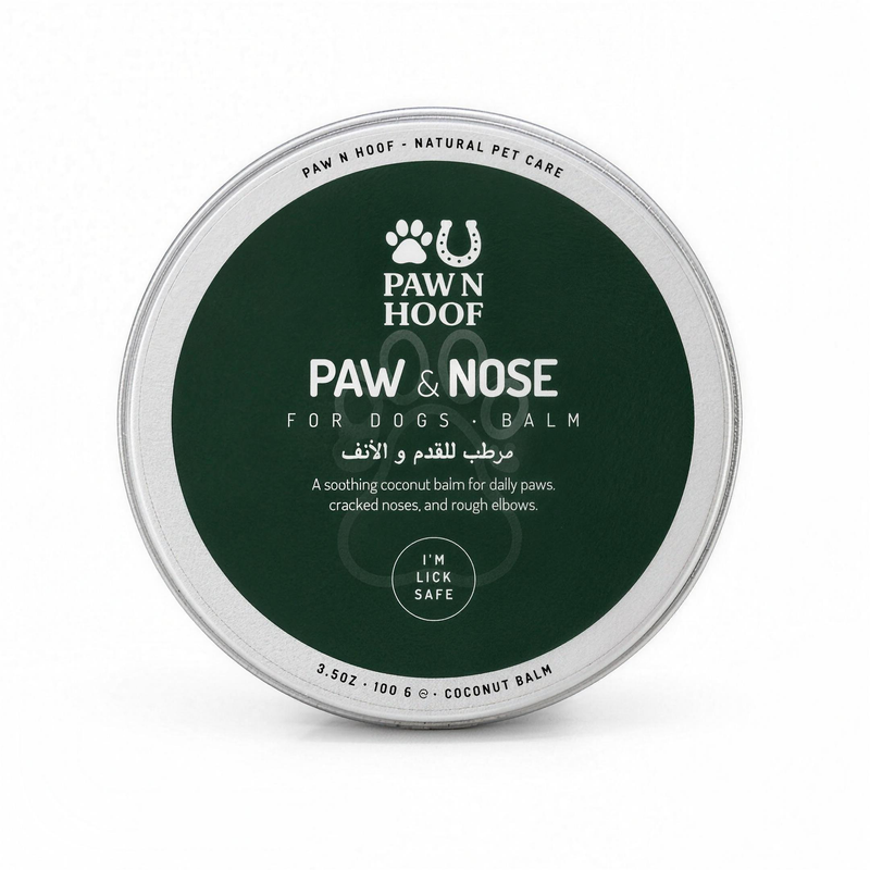 Paw N Hoof Daily Shield Paw and Nose Balm for dogs, 100 g silver aluminium tin with a dark green lid label, closed, viewed from above on a plain white background