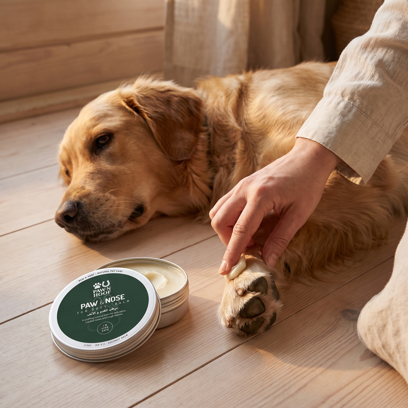 A person's hand gently working Daily Shield balm into a dog's front paw pad, the open Paw N Hoof tin on a pale wooden floor beside them in warm afternoon light