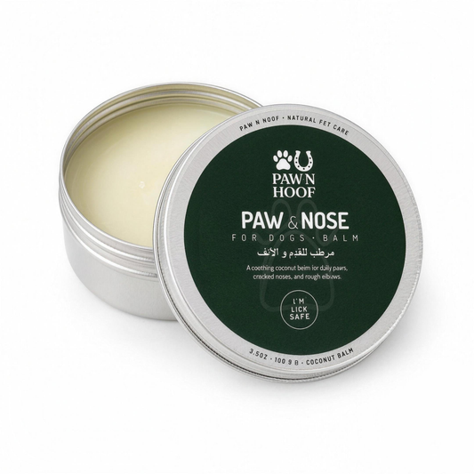 Paw N Hoof Daily Shield Paw and Nose Balm 100 g tin open with the lid resting against it, showing the pale cream coconut balm inside, on a plain white background