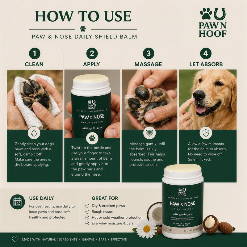 How to use Paw N Hoof Daily Shield Paw and Nose Balm: clean and dry the paw pads or nose, apply a small amount, and massage gently until evenly absorbed