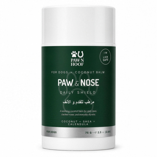 Paw N Hoof Daily Shield Paw and Nose Balm for dogs, 75 g twist-up tube with a silver base and dark green label, on a plain white background