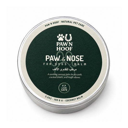 Paw N Hoof Paw and Nose balm for dogs, 100 g round silver tin with a dark green lid label, on a white background