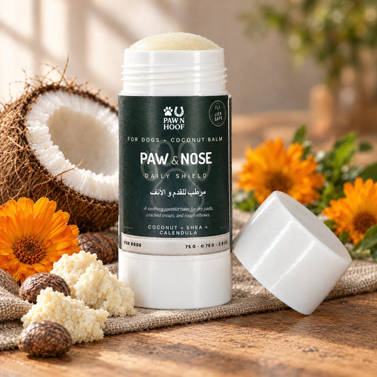 The Daily Shield twist-up stick uncapped, showing the pale cream coconut balm, with fresh coconut, shea butter and calendula flowers on a wooden table