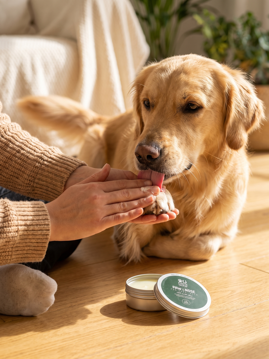 A person's hands working Paw N Hoof Daily Shield balm into a dog's front paw pad while the dog leans in to lick it, the open 100 g tin resting beside them on a sunlit floor.