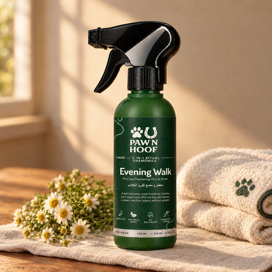 Evening Walk 250 ml chamomile coat mist on a linen cloth beside fresh chamomile flowers and a folded dog towel in warm evening light