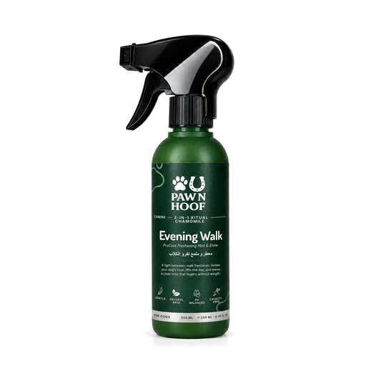 Evening Walk Coat Freshening Mist for dogs, 250 ml chamomile spray bottle with a black trigger, front view on a white background
