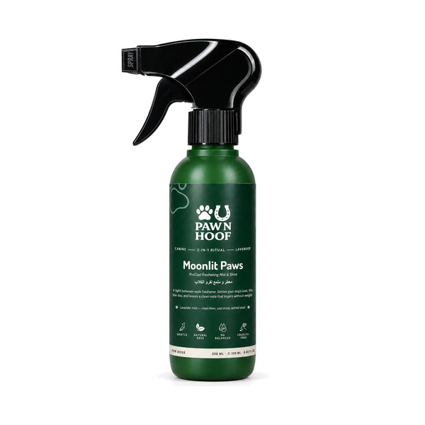 Moonlit Paws Coat Freshening Mist for dogs, 250 ml lavender spray bottle with a black trigger, front view on a white background
