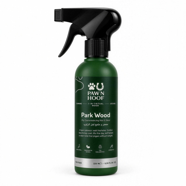 Paw N Hoof Park Wood Coat Freshening Mist for dogs, 250 ml cedarwood spray bottle, front view on a plain white background