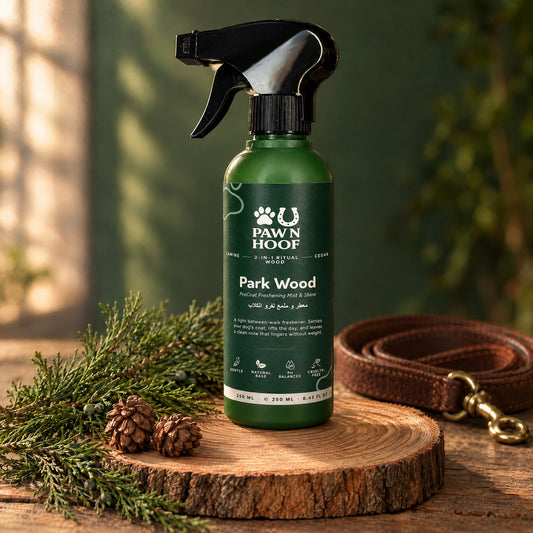 Park Wood 250 ml cedarwood coat mist standing on a slice of cedar wood beside cedar sprigs, cones and a leather dog lead