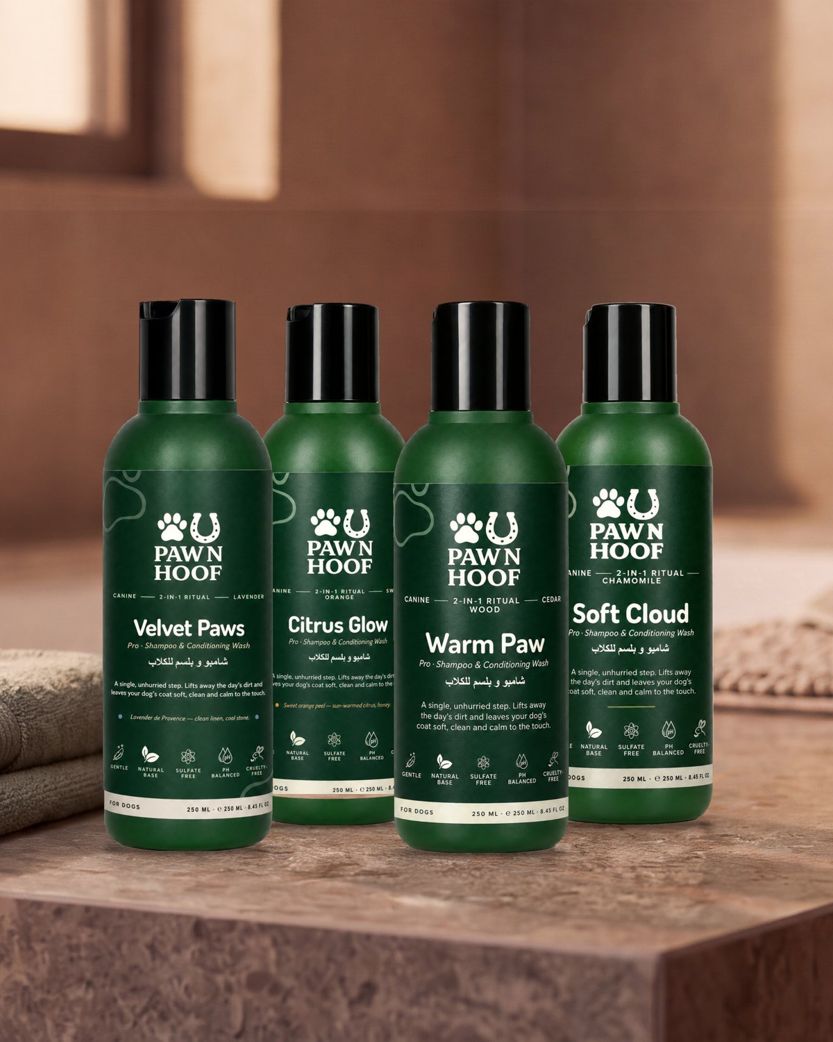 Four Paw N Hoof 2-in-1 dog shampoo and conditioner bottles on a stone bench beside a folded towel