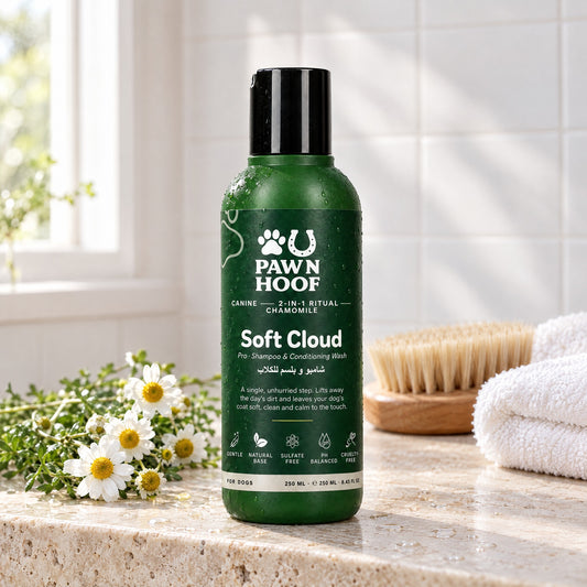 Soft Cloud 250 ml chamomile shampoo on a stone bathroom shelf beside fresh chamomile flowers, a wooden dog brush and a white towel