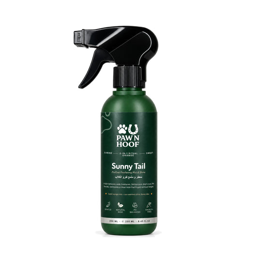 Sunny Tail sweet orange coat freshening mist for dogs, 250 ml green spray bottle with a black trigger