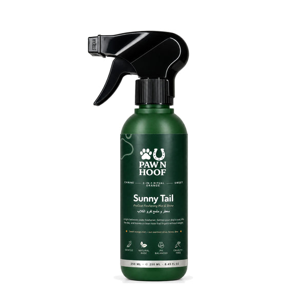 Sunny Tail sweet orange coat freshening mist for dogs, 250 ml green spray bottle with a black trigger