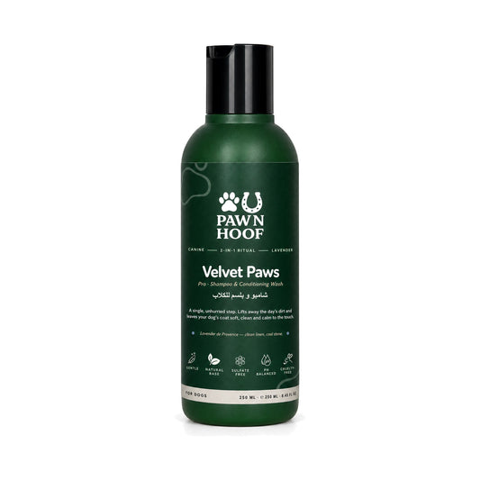 Velvet Paws 2-in-1 shampoo and conditioner for dogs, 250 ml lavender bottle with a black cap, front view on a white background