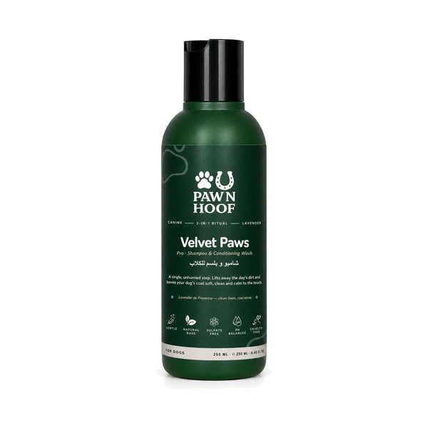 Velvet Paws 2-in-1 shampoo and conditioner for dogs, 250 ml lavender bottle with a black cap, front view on a white background