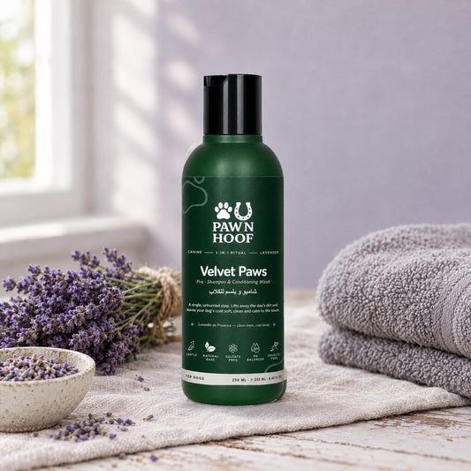 Velvet Paws 250 ml lavender shampoo on a linen cloth beside fresh lavender stems, a bowl of dried lavender buds and a folded grey towel