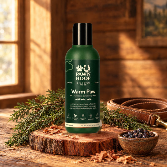 Warm Paw 250 ml cedarwood shampoo on a slice of cedar wood beside cedar sprigs, a dish of juniper berries and a leather dog lead