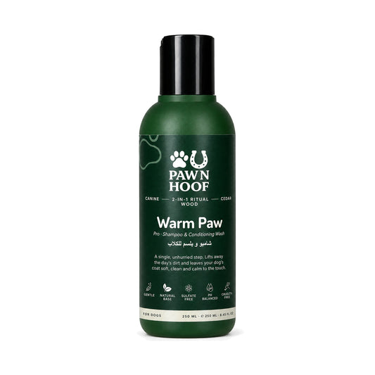 Warm Paw 2-in-1 shampoo and conditioner for dogs, 250 ml cedarwood bottle with a black cap, front view on a white background