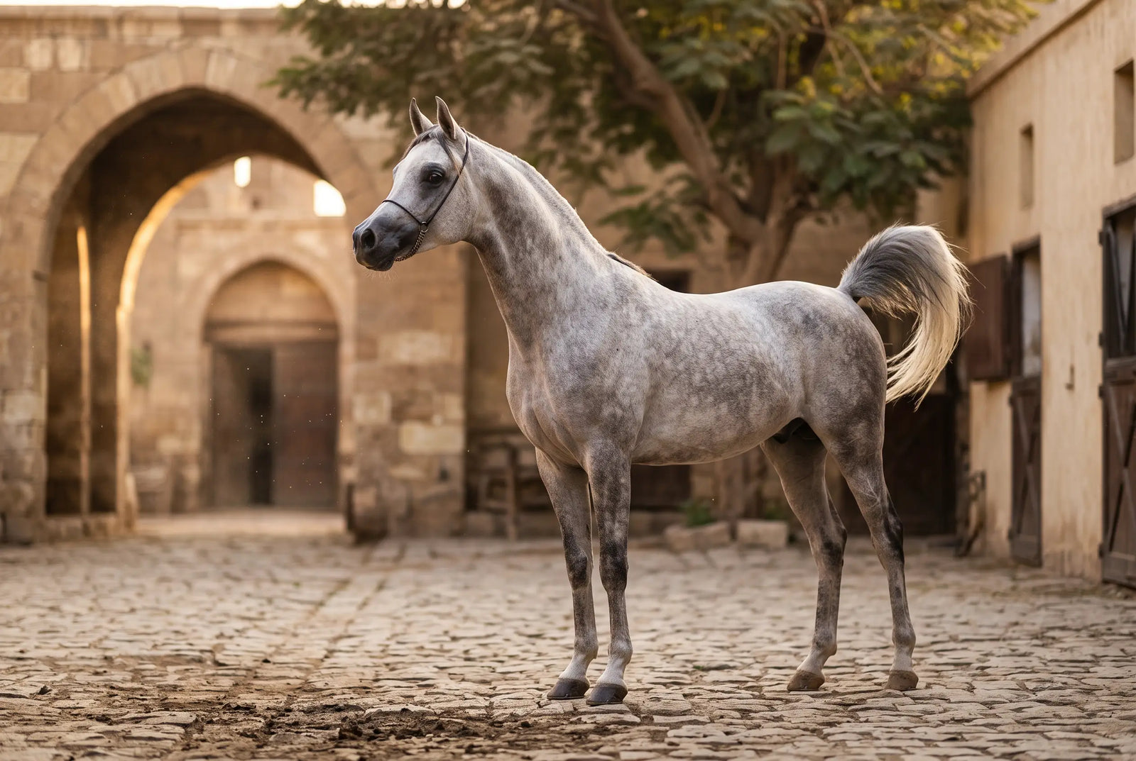 Een zuiver Egyptisch Arabisch paard op een stalerf in Caïro