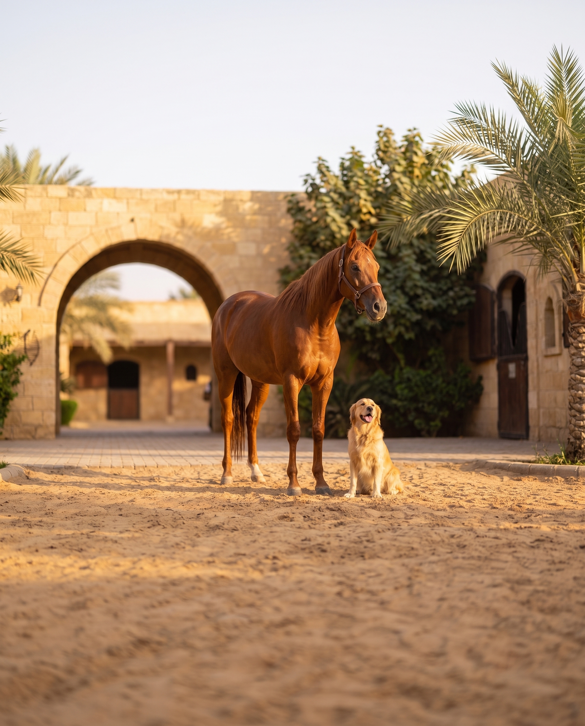 A groomed chestnut horse standing calmly in an Egyptian stable yard at golden hour, with a golden retriever sitting beside its front legs