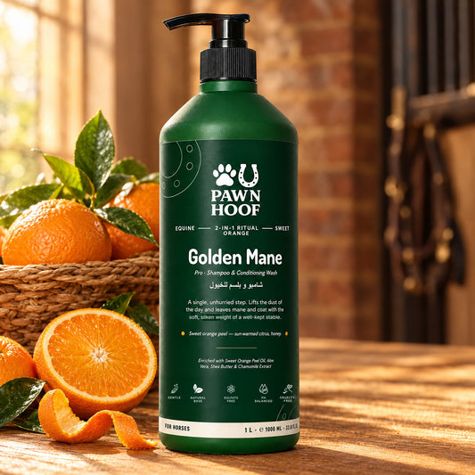 Golden Mane 1 L horse shampoo on an oak stable bench beside a basket of sweet oranges and a halved orange