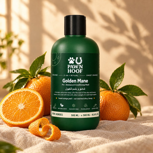 Golden Mane 500 ml horse shampoo beside fresh sweet oranges on linen