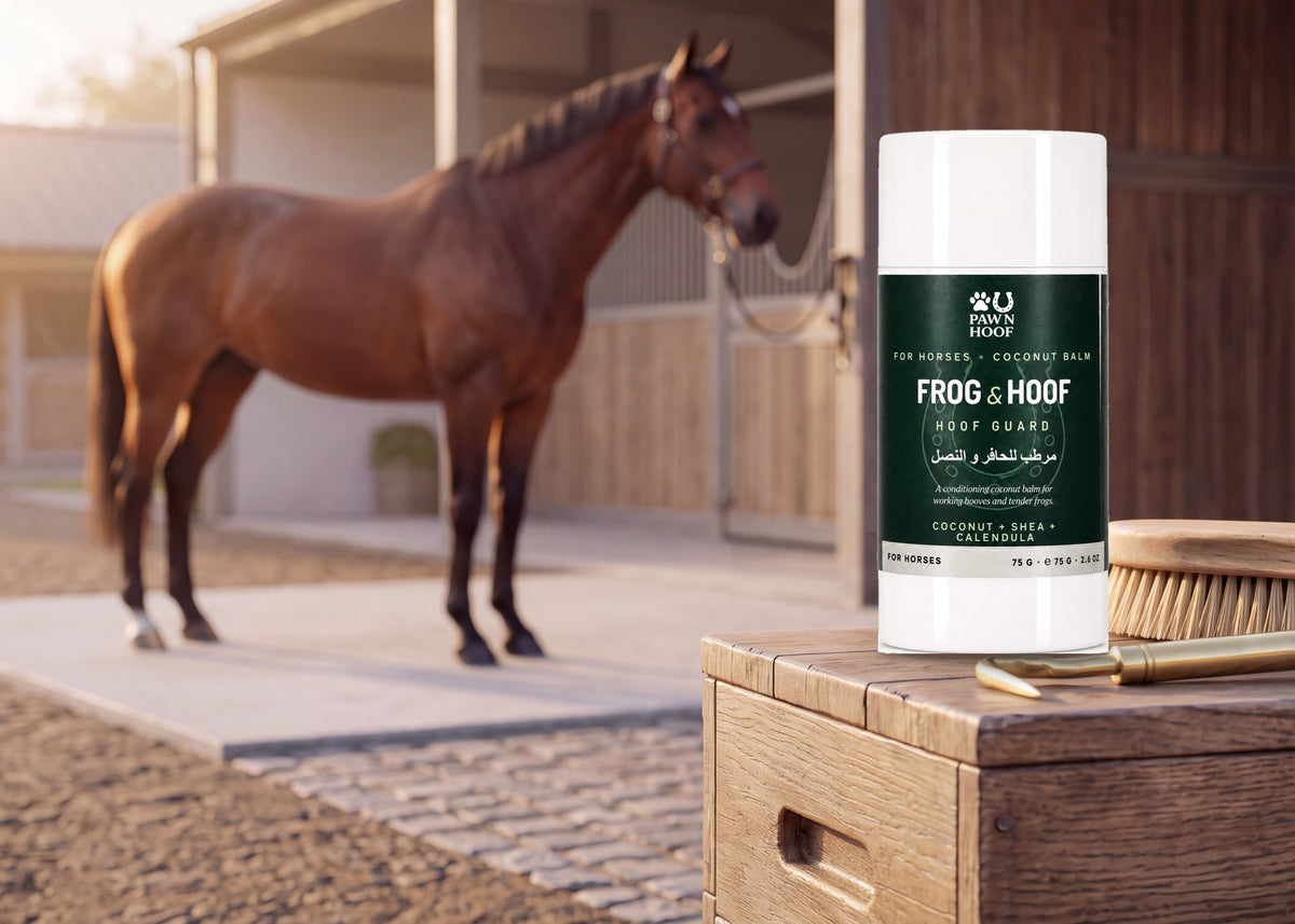 Hoof Guard hoof and frog balm tube on a wooden grooming box with a brush and hoof pick, a bay horse in the stable yard behind