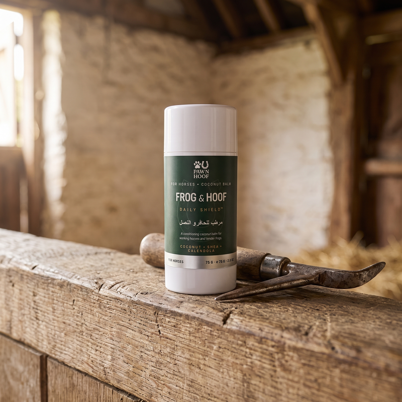 Paw N Hoof Hoof Guard horse hoof and frog balm, a 75 g twist-up tube standing on a weathered oak ledge in a stable, with a hoof pick lying beside it.