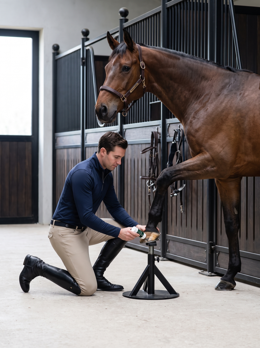 A man in a navy quarter-zip kneels beside a bay horse in a modern stable aisle, applying Paw N Hoof Hoof Guard balm to the horse's raised front hoof, which rests on a hoof stand.