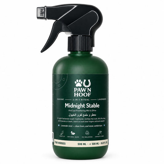 Paw N Hoof Midnight Stable coat freshening mist and shine for horses, 500 ml lavender spray bottle, front view
